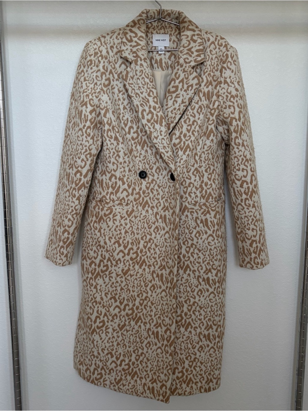 Nine West Cream and Camel Leopard-Print Double-Breasted Coat